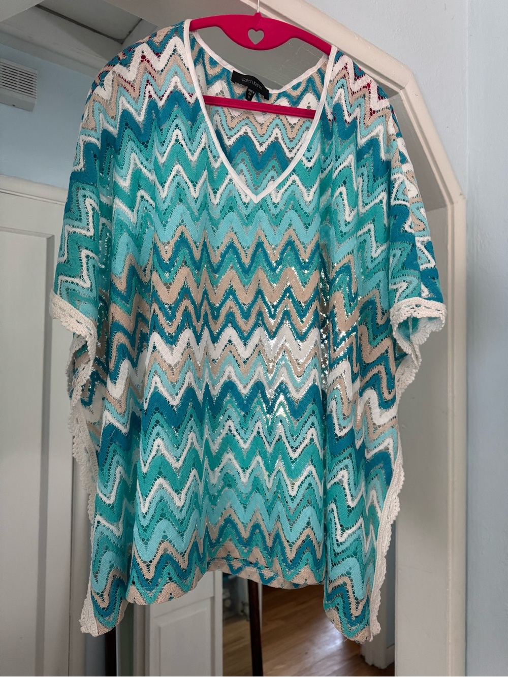 Karen Kane Chevron Knit V-Neck Top in Aqua & White, 3X